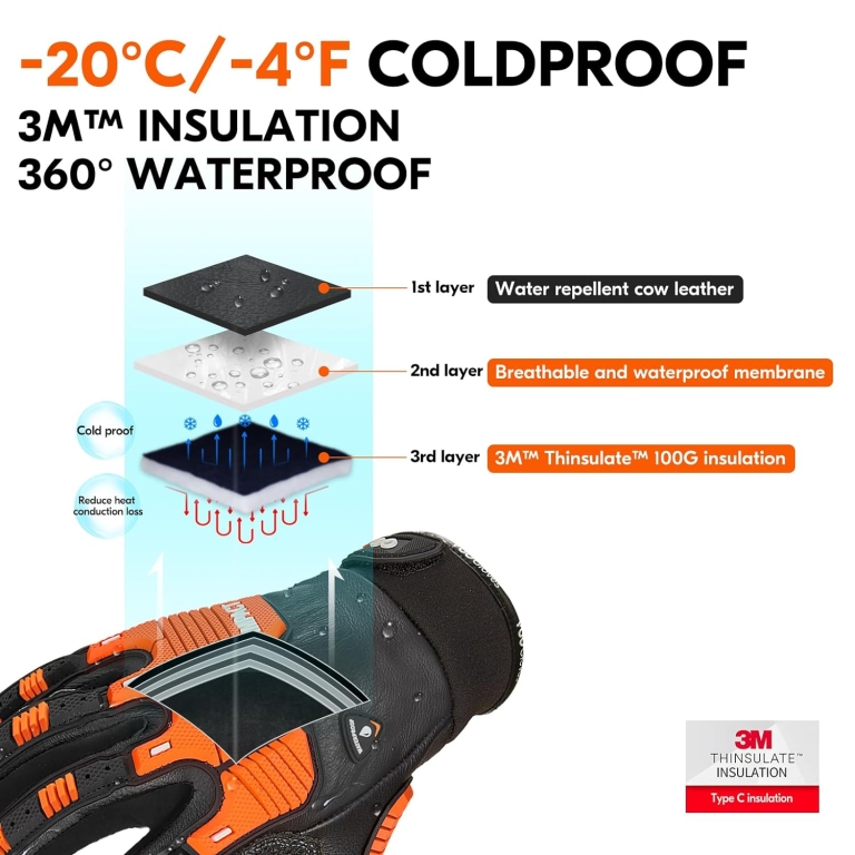 Vgo... -20℃/-4°F COLDPROOF,Winter Work Leather Gloves,Mechanics Gloves,Impact Gloves,Anti-Vibration Gloves,Heavy Duty,Water Resistant(Size XL,Black,CA7722FLWP) - Image 2